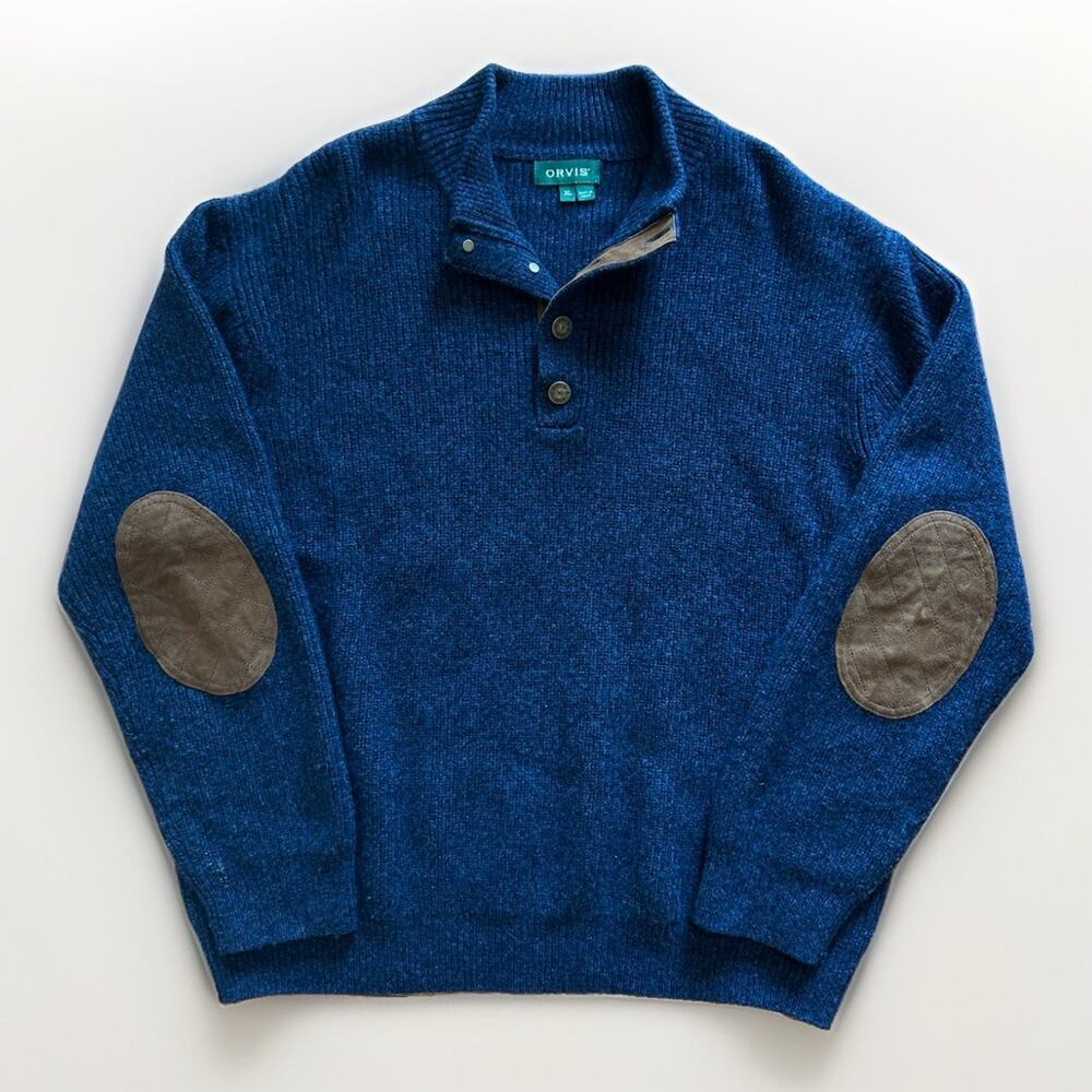 Orvis Quail Creek Button Mockneck Pullover Mens Size XL Wool Cashmere Suede Blue